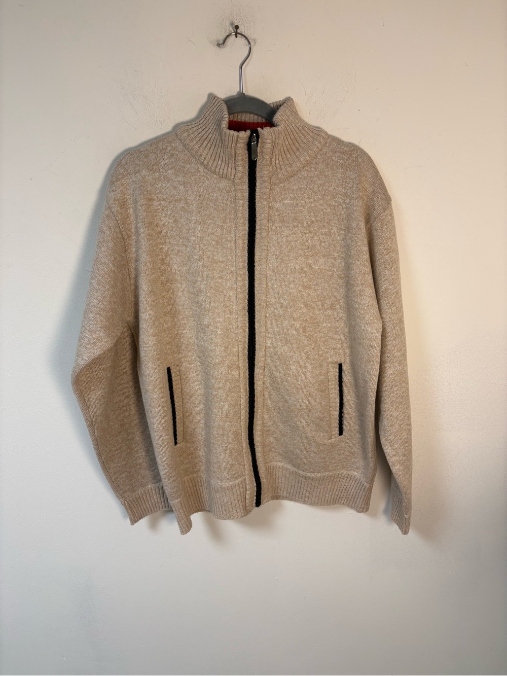 Yeokou Men's Full-Zip Beige Knit Sweater Jacket Fleece Lined Med New